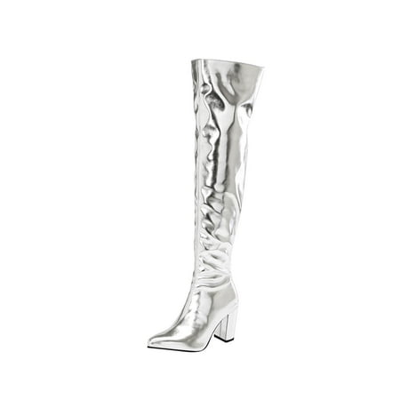 

Lovskoo 2024 Women s Over-The-Knee Boots Pointed Toe Chunky Heel Shoes Fall Winter Pointed Thick High Heels Side Zippered Long Boots Over Knee Boots Silver