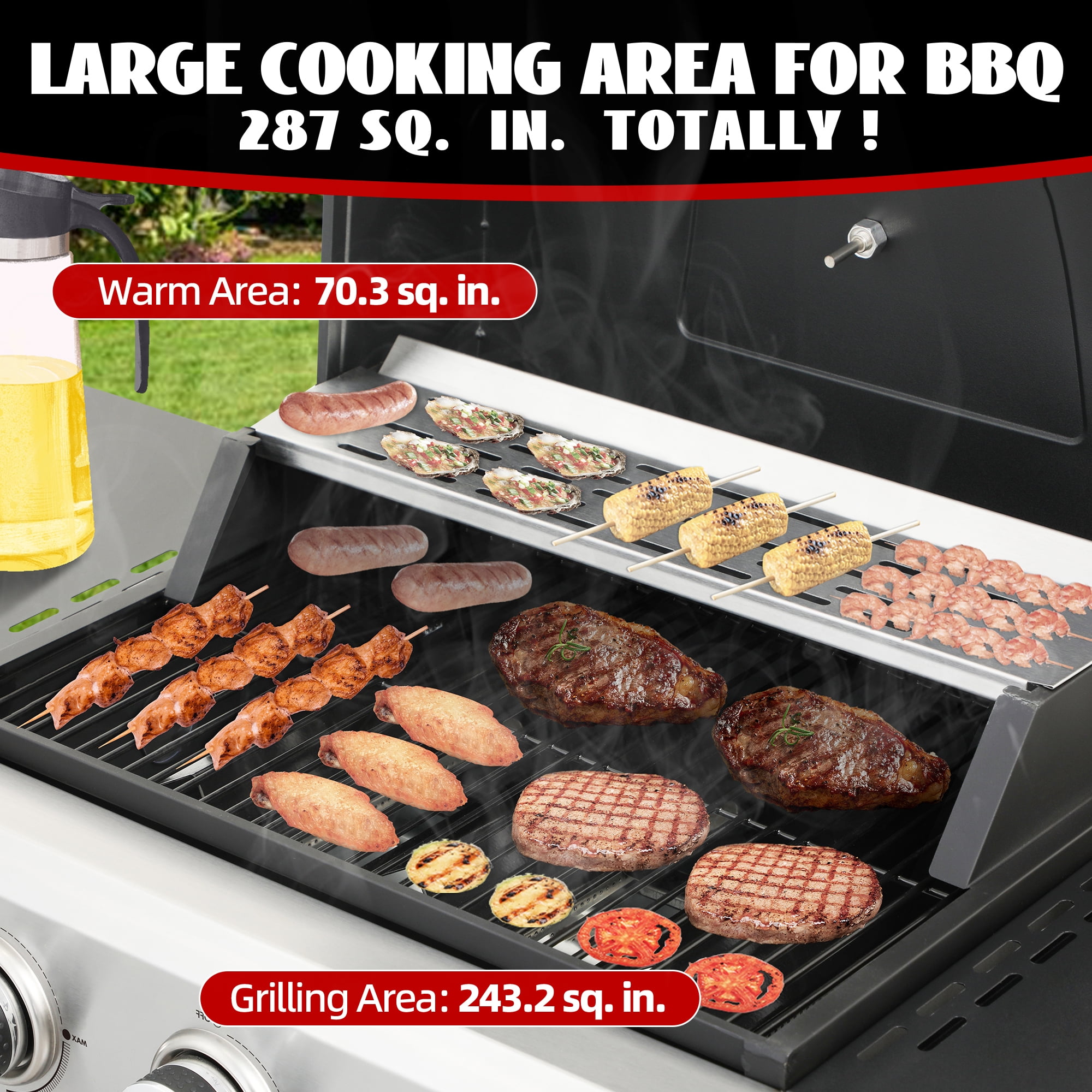 3-Burner Propane Gas Grill With Wheels for 25,650 BTU Outdoor Barbecue BBQ Grill, Stainless Steel Control Panel, Easy Ignition, Temperature Gauge, 2-Enameled Cooking Grids