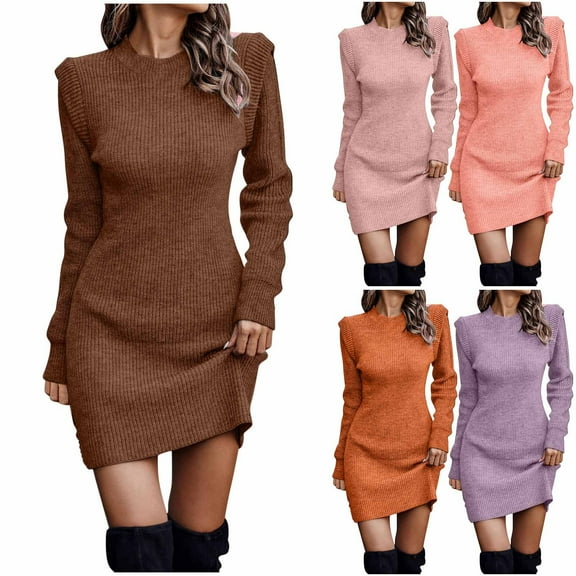 YHAJDS Women's Fall Winter Casual dress,Women's Dresses Fall Dresses for Women Long Sleeve Dress Solid Color Round Neck Cable Knit High Waist Bodycon Knee Length Dress