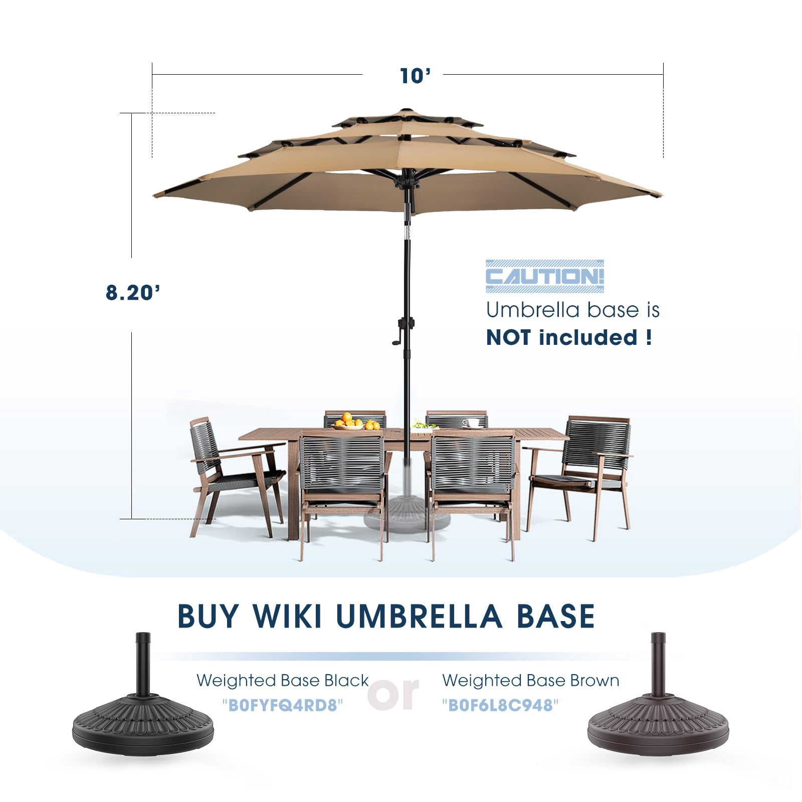 wikiwiki 10ft 3-Tier Patio Umbrella Outdoor Table Market Umbrella for Patio with Push Button Tilt/Crank, Fade Resistant Waterproof POLYESTER Canopy for Garden, Lawn, Deck, Backyard & Pool, Tan