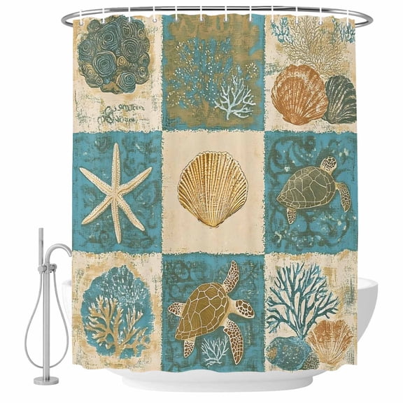 Decorative Shower Curtain Farmhouse Fabric Waterproof Bath Shower Curtains Bathroom Accessories Vintage Coastal Shower Curtain 72x72 Inch for Home Hotel Summer Beach Sea Turtle Shell Starfish