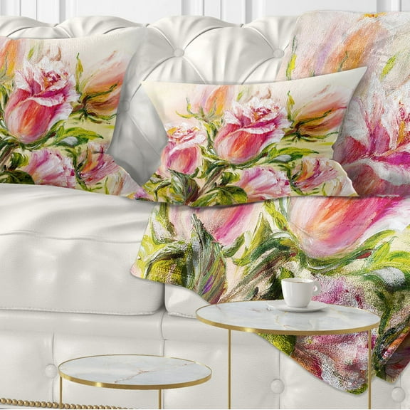 Designart Rose Oil Painting - Floral Throw Pillow - 12x20
