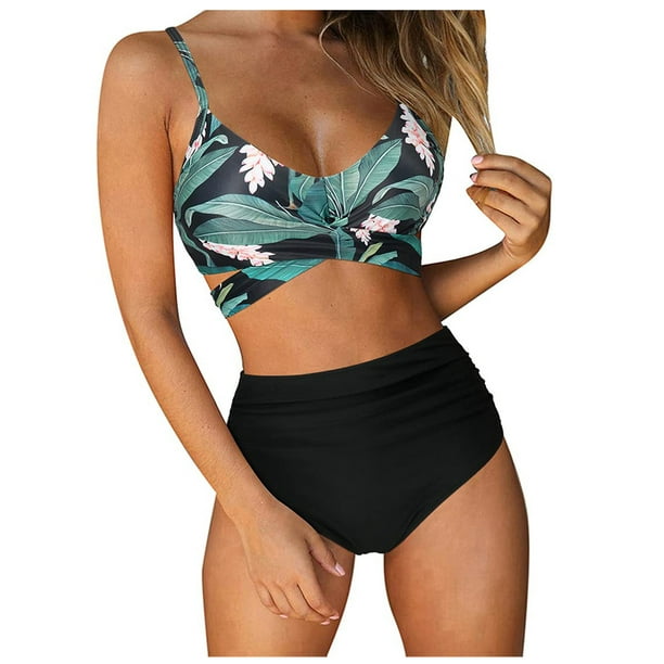 Pisexur Women's High Waisted Bikini Sets, Women Scoop Neck Halter Top Push  Up Wrap Sexy Two Piece Swimsuits Floral Print Bathing Suit Swimwear 