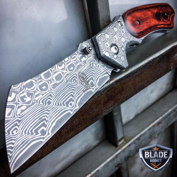 Damascus Etch Style Cleaver Folding Pocket Knife Blade