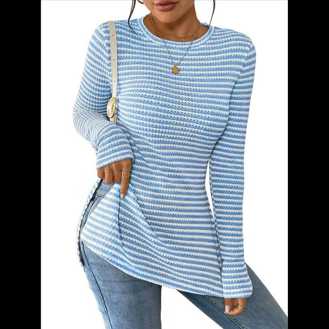 Camiseta de Larga A Rayas para Mujer, Cuello Redondo, Dobladillo con Abertura, Corte Entallado Azul XXL