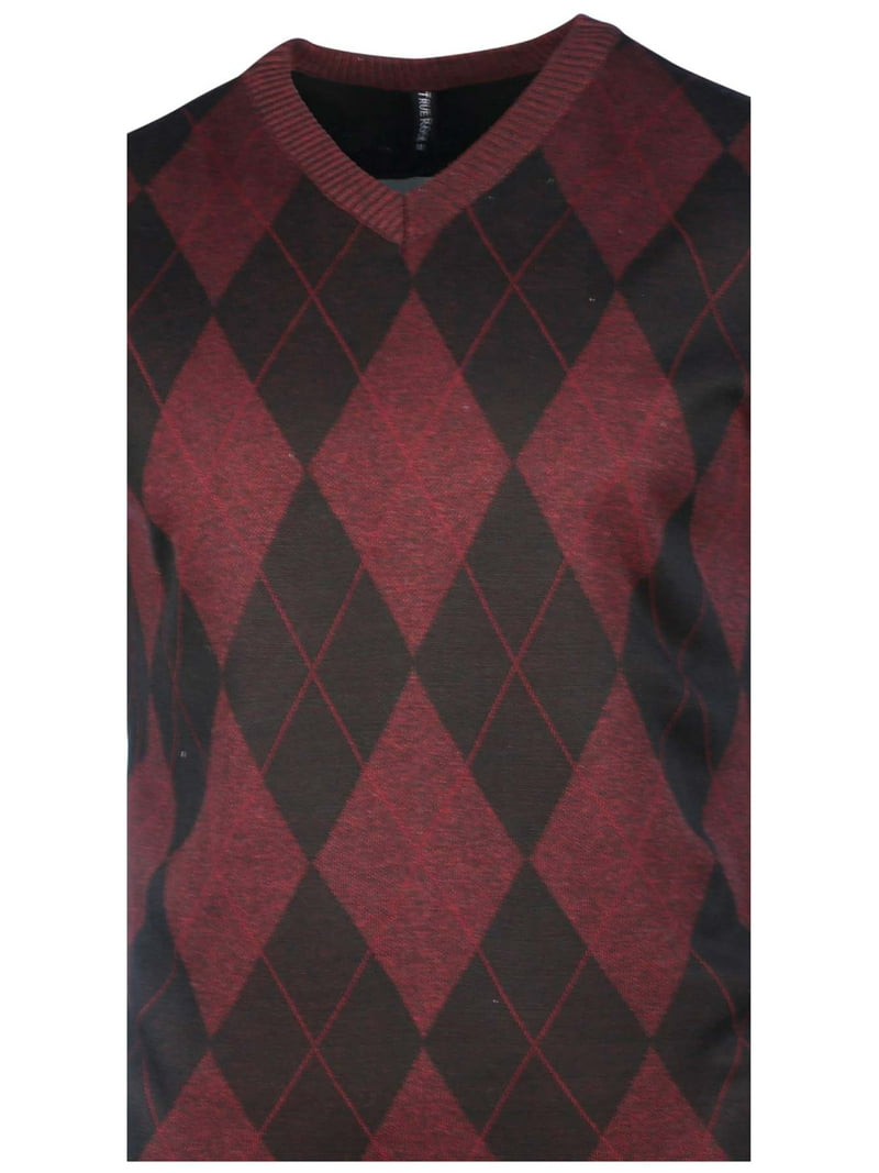 True Rock Men's Argyle V-Neck Sweater Vest, Red Wine Black, X