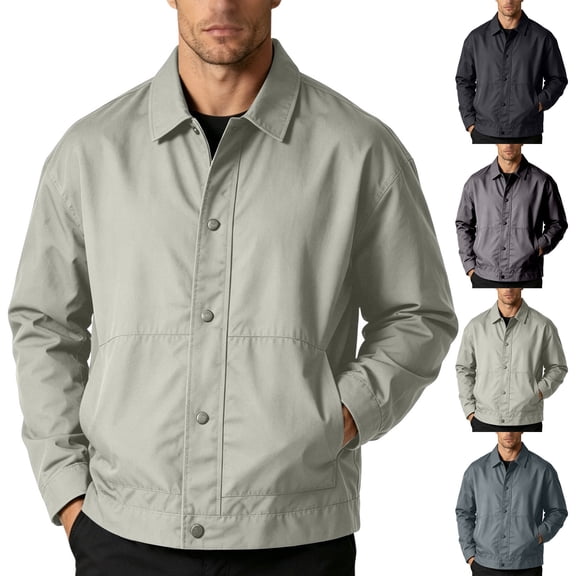 PNTUTB Fall Winter Men's Lapel Snap Button Jacket Solid Color Long Sleeve Coat Casual Loose Comfort Trendy Versatile Outerwear with Pockets