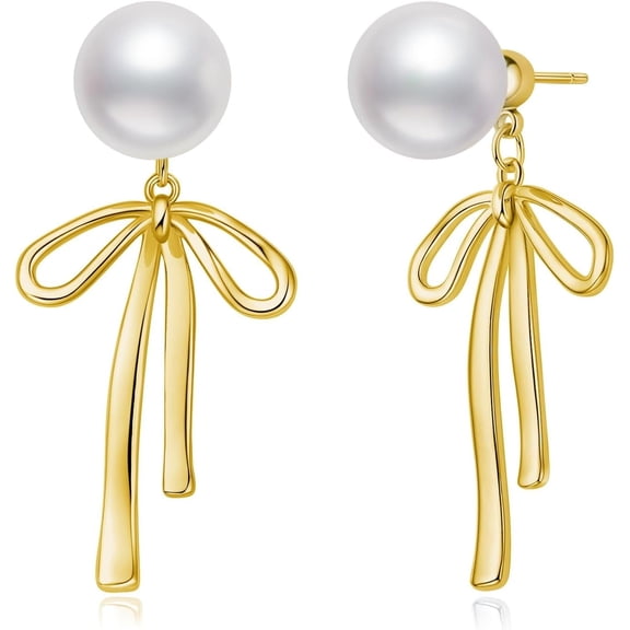 YMCSTONEMA Small Gold Silver Pearl Bow Earrings For Women Trendy 925 Sterling Silver Post Dainty 14K Gold Plated Bow Dangle Earrings For Women[H6490]