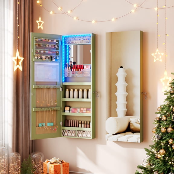 VKCC LED Mirror Jewelry Cabinet,Full Length Mirror Jewelry Cabinet with Lockable,Hanging Jewelry Armoire Storage for Women,Green
