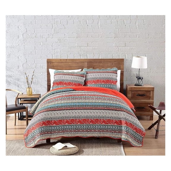 Odette 3-Piece Boho Chic Rust Orange Brown and Red Pre-Washed 100% Cotton Bohemian Bedspread Quilt Set, King Size