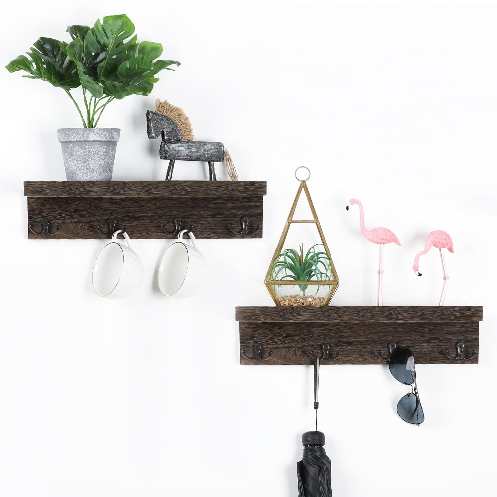 Oumilen 4 Hook Coat Hook Floating Wall Mounted Shelves, 2 Count, 10 lb Limit