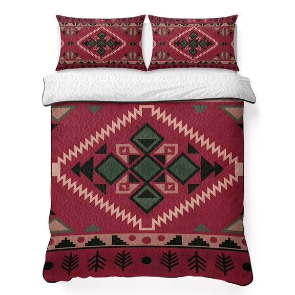 Quilts Twin Size Bedding Set, Red Western Lightweight Quilted Comforter, Southwestern Geometric Ethnic Art Soft Reversible Bedspread Coverlet with Pillow Covers for All Season, 68" x 86"