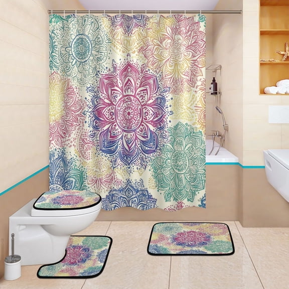 BZSMCE 4PCS Mandala Mosaic Shower Curtain Set Bathroom Decorative Set