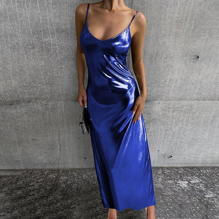 Honeeladyy Women Metallic Shimmer Slim Maxi Dress Spaghetti Strap V Neck Long  Dress Sleeveless Club Cocktail Party Dress Blue L - Walmart.com