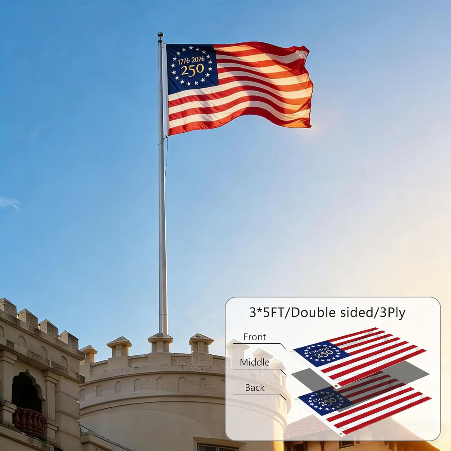 3x5 ft 250 Years Anniversary American Flag, 1776-2026 USA Flag, Vintage Stars Design for 250th Independence Day Birthday, Patriotic Outdoor Flag for Home Yard Porch Wall Outside Decorations