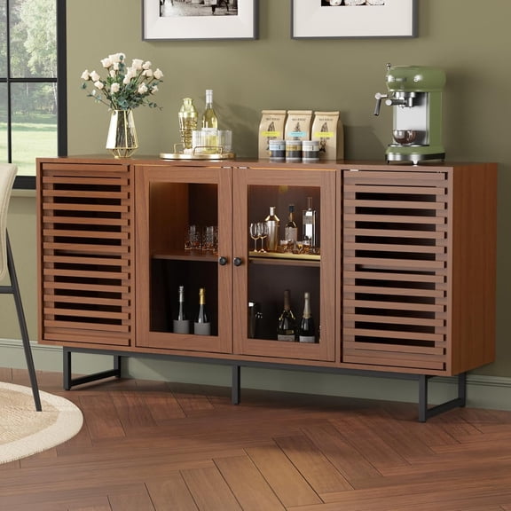 58.3" Buffet Cabinet with Storage, Mid Century Modern Cabinet with Grille Striped Doors and LED Light, Coffee Bar Cabinet for Living Room, Kitchen, Walnut