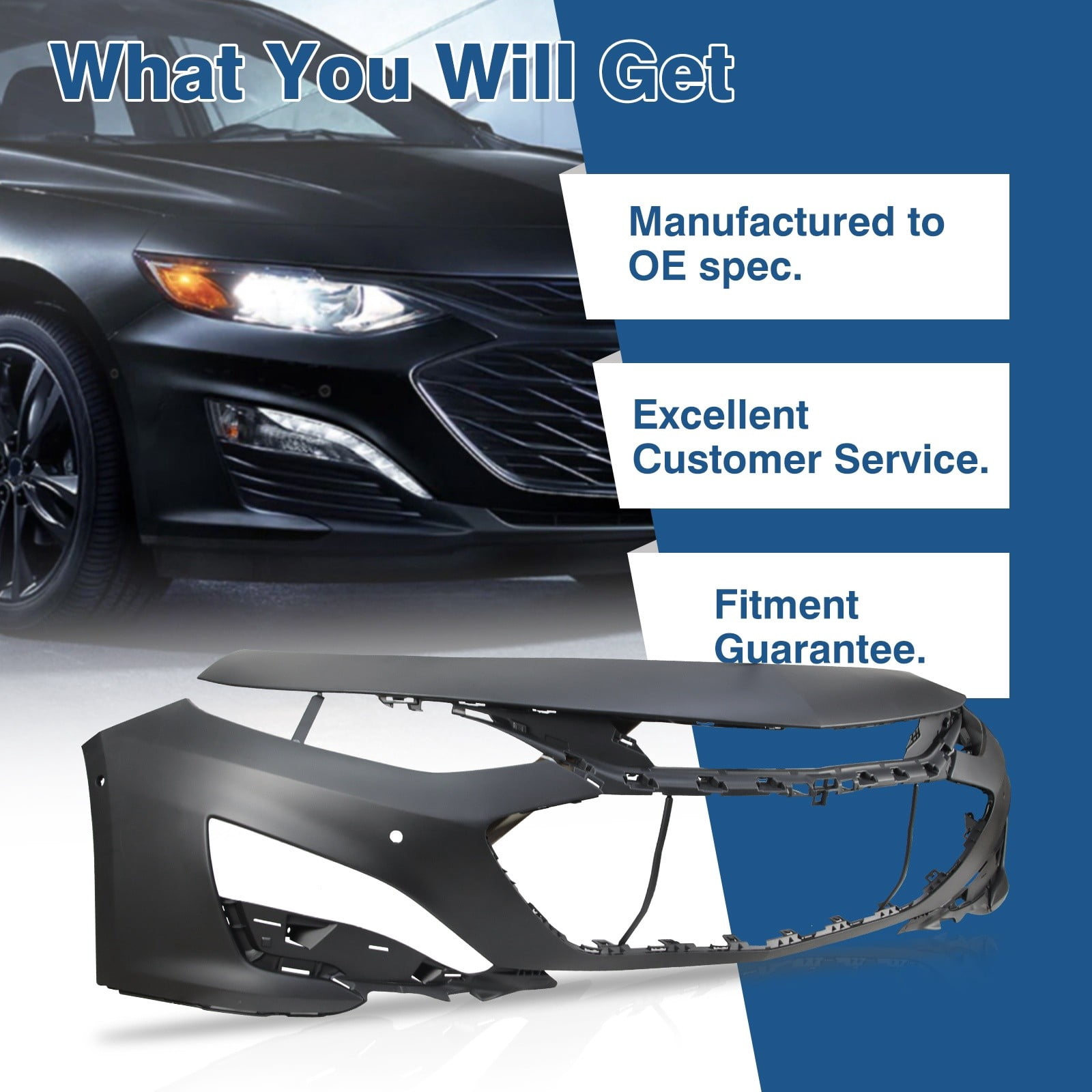 Primed Front Bumper Cover For 2019-2021 Chevy Malibu W/Senser Holes