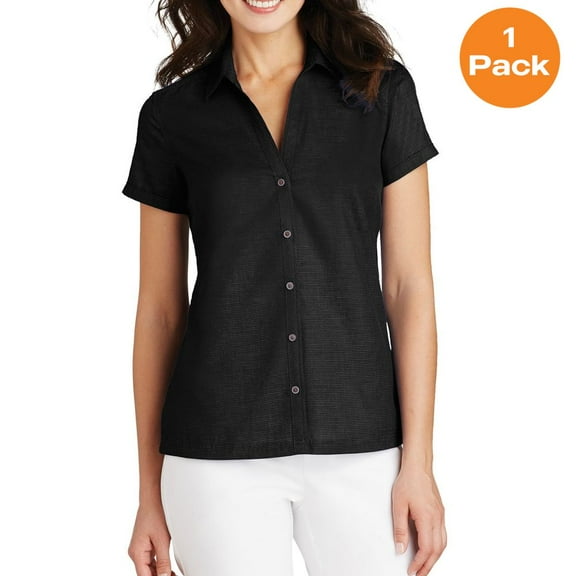 Port Authority Ladies Textured Camp Shirt. L662, Black, XXL, Womens Button Down Shirts
