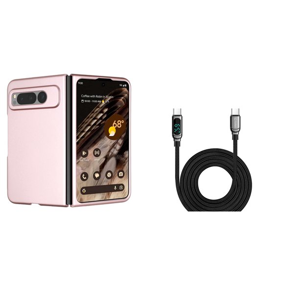 BEMZ Snap-On Series Phone Case for Google Pixel Fold - Slim Protective Matte Cover (Rose Gold) with Digital LED Display Fast Charging USB-C to USB-C Cable (3.3 Feet)