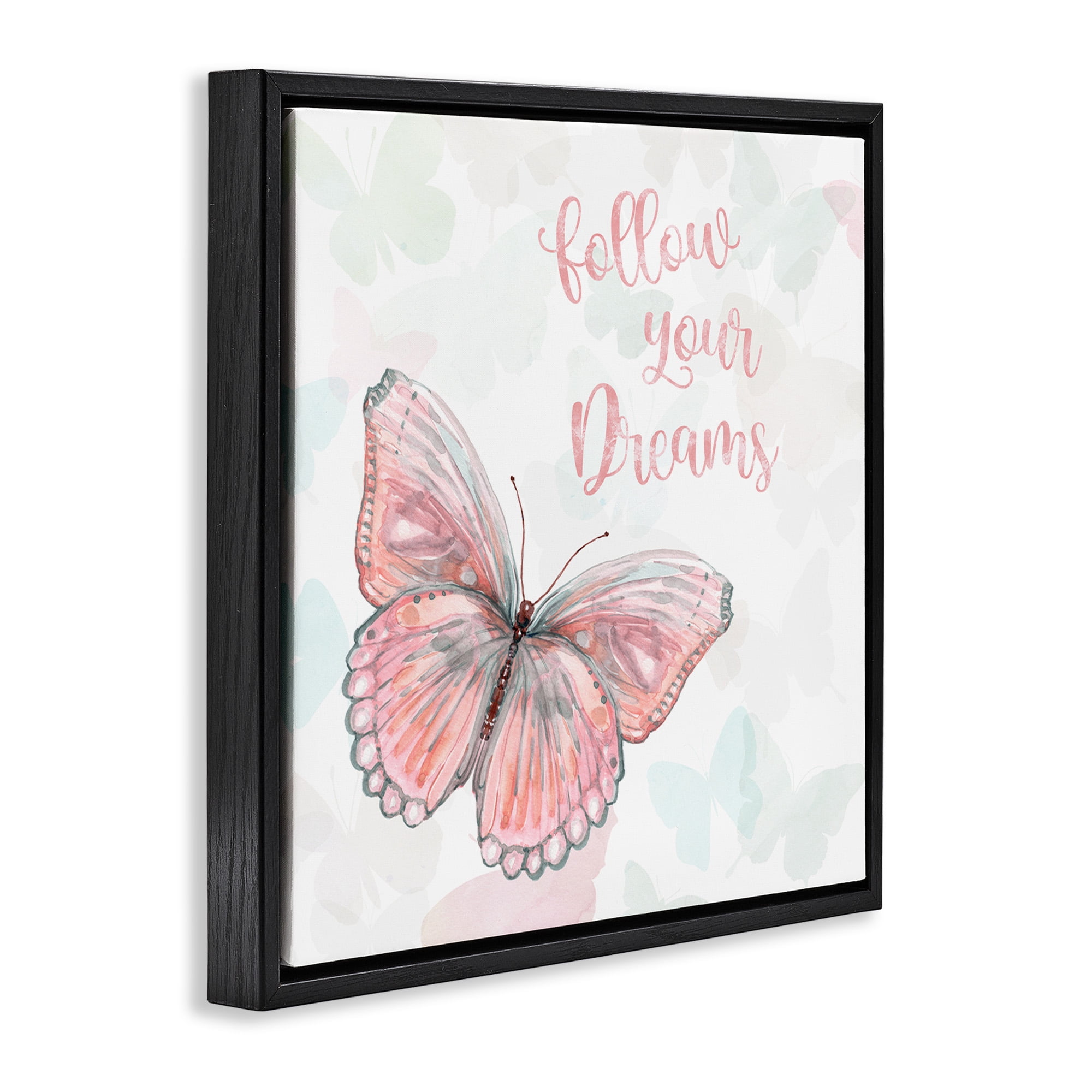 Stupell Industries Follow Your Dreams Pink Butterfly Animals & Insects Painting Black Floater Framed Canvas Art Print Wall Art, 25 x 25