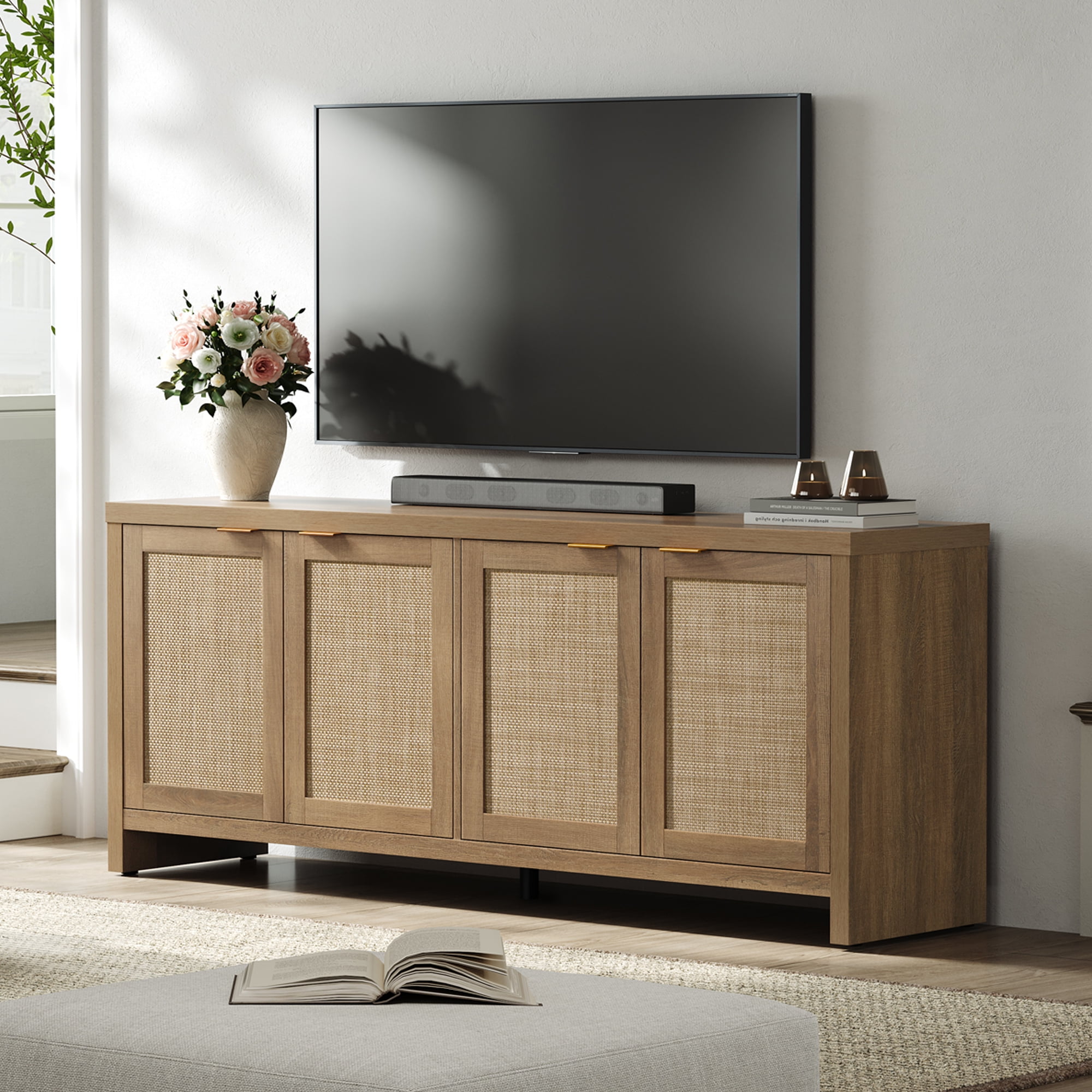 SICOTAS 61.5"W Rattan TV Stand with 4 Doors, Boho Entertainment Center with Adjustable Shelves & Spacious Countertop – Large Boho Farmhouse Media Console for Living Room, Reclaimed Caramel Oak