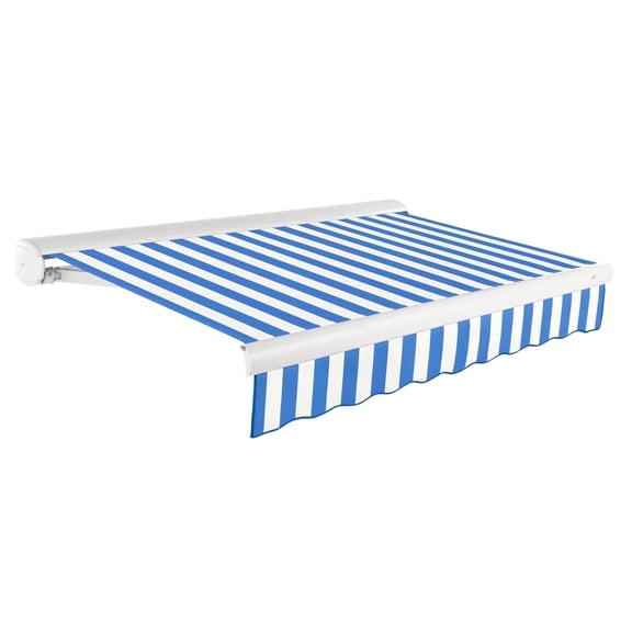 Awntech 10 Ft Key West Right Motorized Heavy Duty Patio Retractable Awning with Cassette (120in x 9.38in x 96in), Bright Blue/White Stripe