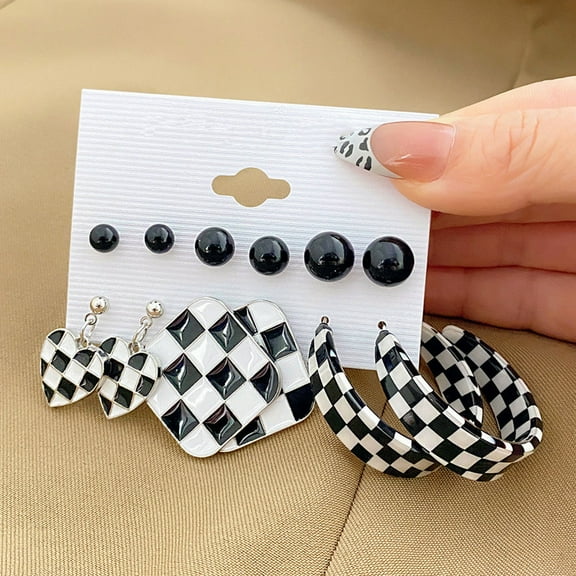 Worgeous 12 Pairs Fashion Black White Striped Checkered Dangle Drop Earrings Ear Studs