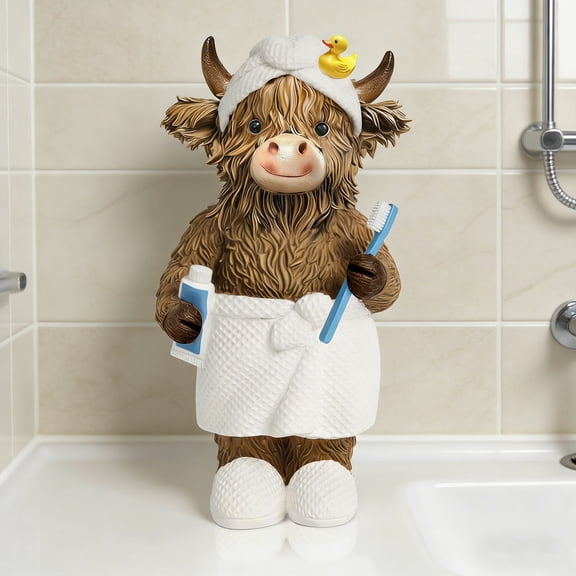 Highland Cow Bathroom Figurine – Resin Farmhouse Decor Statue, Cute Scottish Cow Gift for Home Kitchen Office Table Decoration
