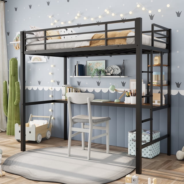 Lit Mezzanine en Métal Format Simple avec Bureau Intégré et Étagères de Rangement, Lit Superposé en Acier Robuste avec Garde-Corps et Échelle, Gain de Place pour Enfants Adultes Chambre Dortoir, Blanc Noir