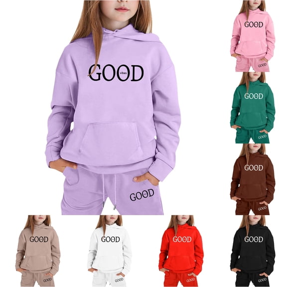 GobdXE Kids 2 Piece Fall Winter Long Sleeve Hoodie and Drawstring Long Jogger Pants GOOD Vibes Letter Print Tracksuit Set 6-7 Years,Purple