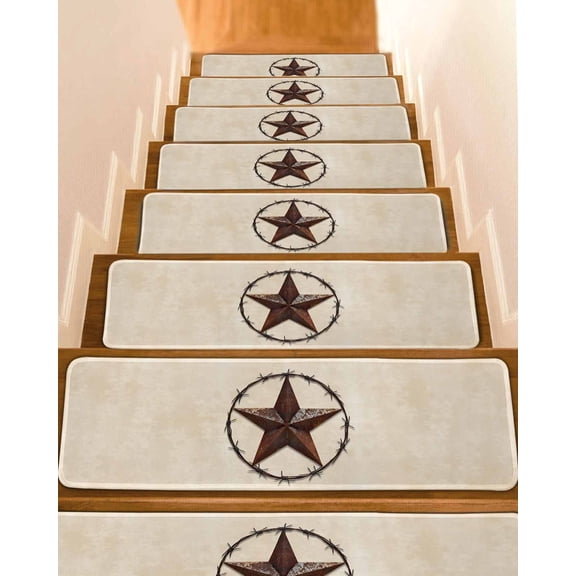 Stair Treads for Wooden Steps, Texas Star Farmhouse Peel and Stick Stair Treads with Reusable Adhesive, Western Country Stars Retro Non Slip Indoor Stairs Runner Rugs Mats for Elders Dogs 8"x30" 4PCS
