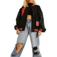 thumbnail image 2 of Kmbangi Women Leather Long Sleeve Letter Embroidery Oversized Baseball Jackets, 2 of 7