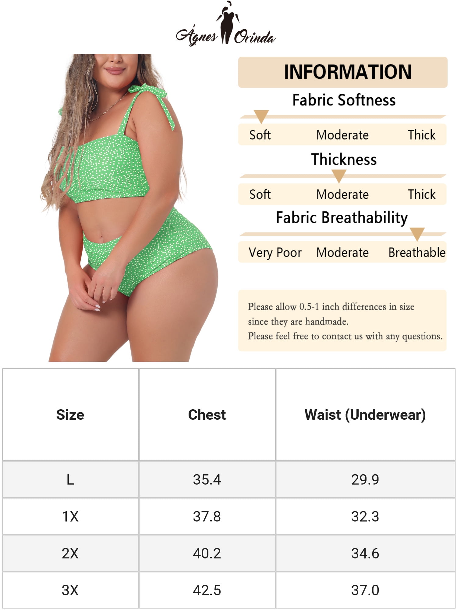 DARING DIVA Women's Plus 2pcs Polka Dots Bikini Bandeau Suits 1X Grass Green