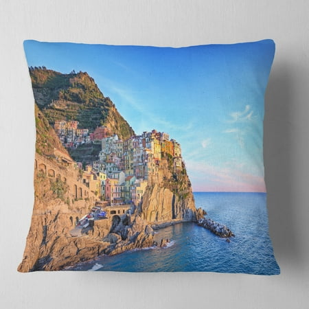 Manarola Village Cinque Terre Italy Seashore Throw Pillow