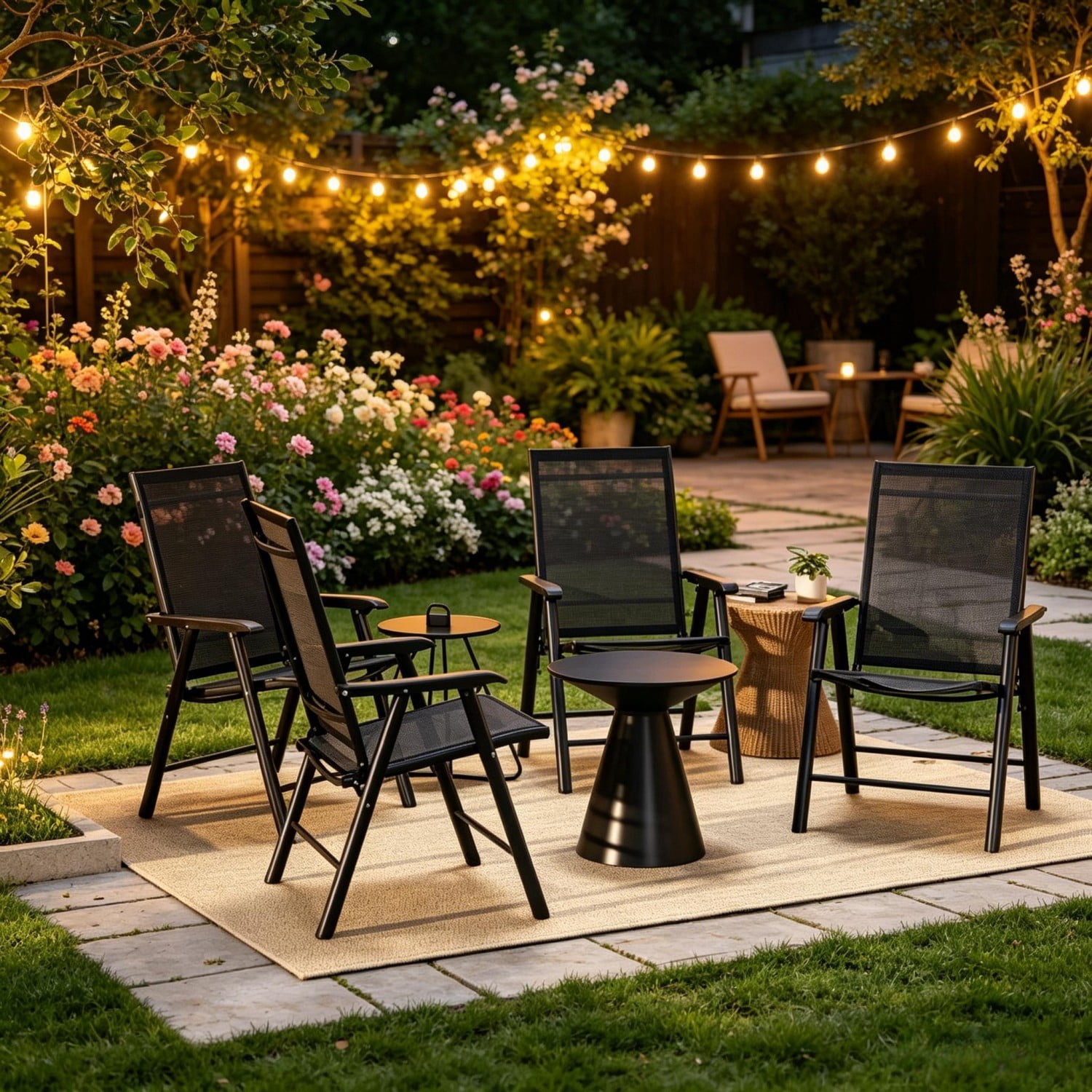 Outdoor Folding Chairs Set of 4, Portable Lawn Chairs with Breathable Sling Mesh, Powder-Coated Steel Frame, Armrests for Camping, Patio, Beach, Events, Black