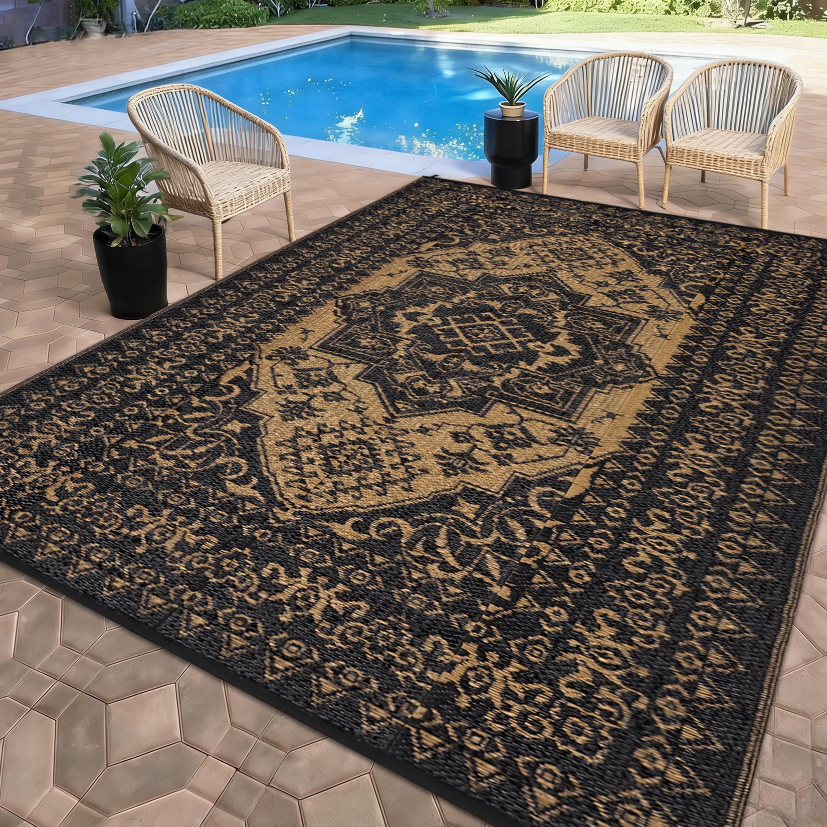 Garvee Outdoor Rug 8'x10' Waterproof Reversible Plastic Straw Rug, Indoor Outdoor Rug for Patio RV Camping Balcony Deck Backyard, Black & Brown