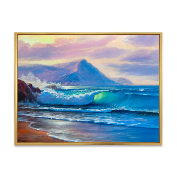 Designart 'Blue Waves Breaking At The Beach Landscape I' Nautical & Coastal Framed Canvas Wall Art Print