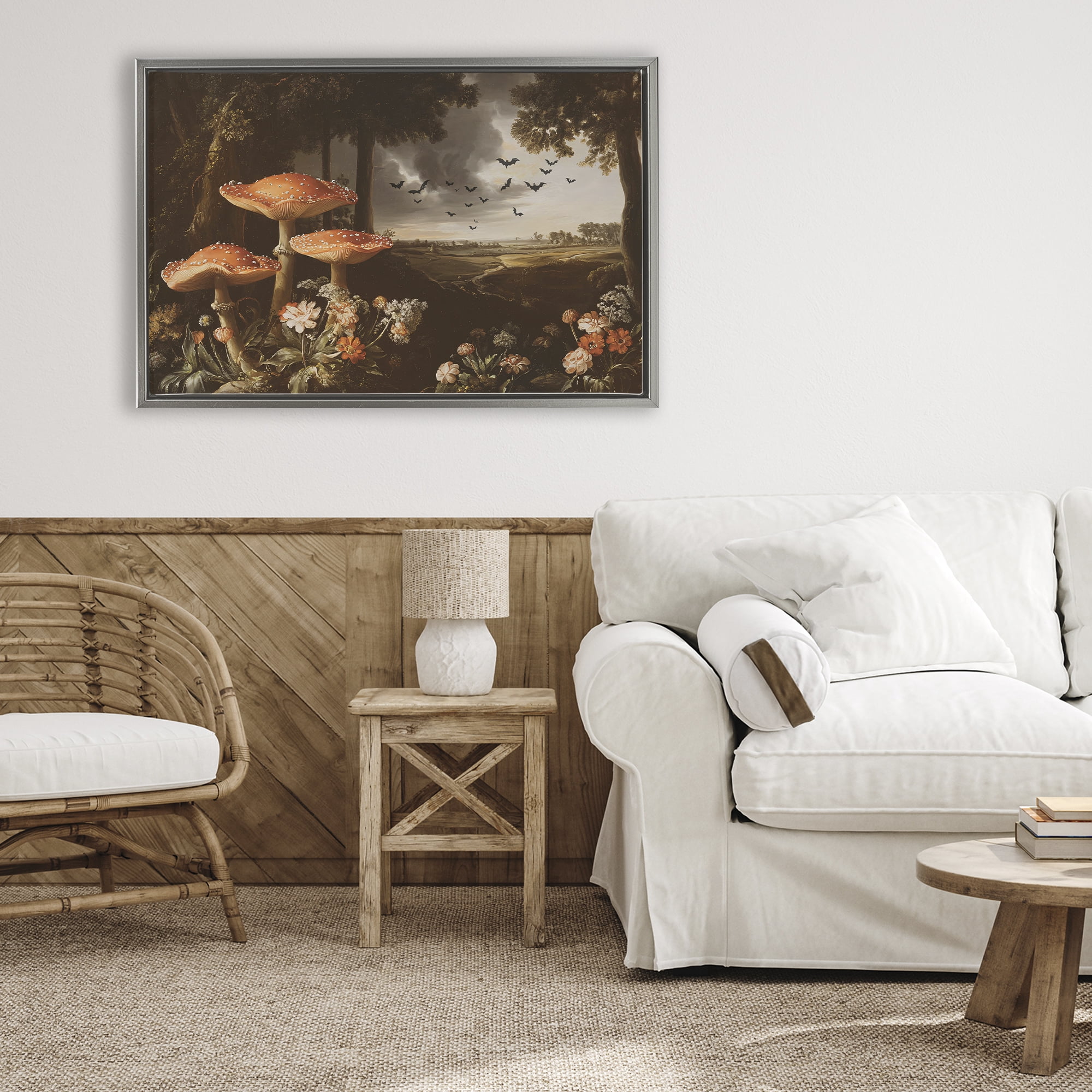 Stupell Industries Bats in Autumn Forest Gray Framed Floater Canvas Wall Art, design by Jacky Ngan