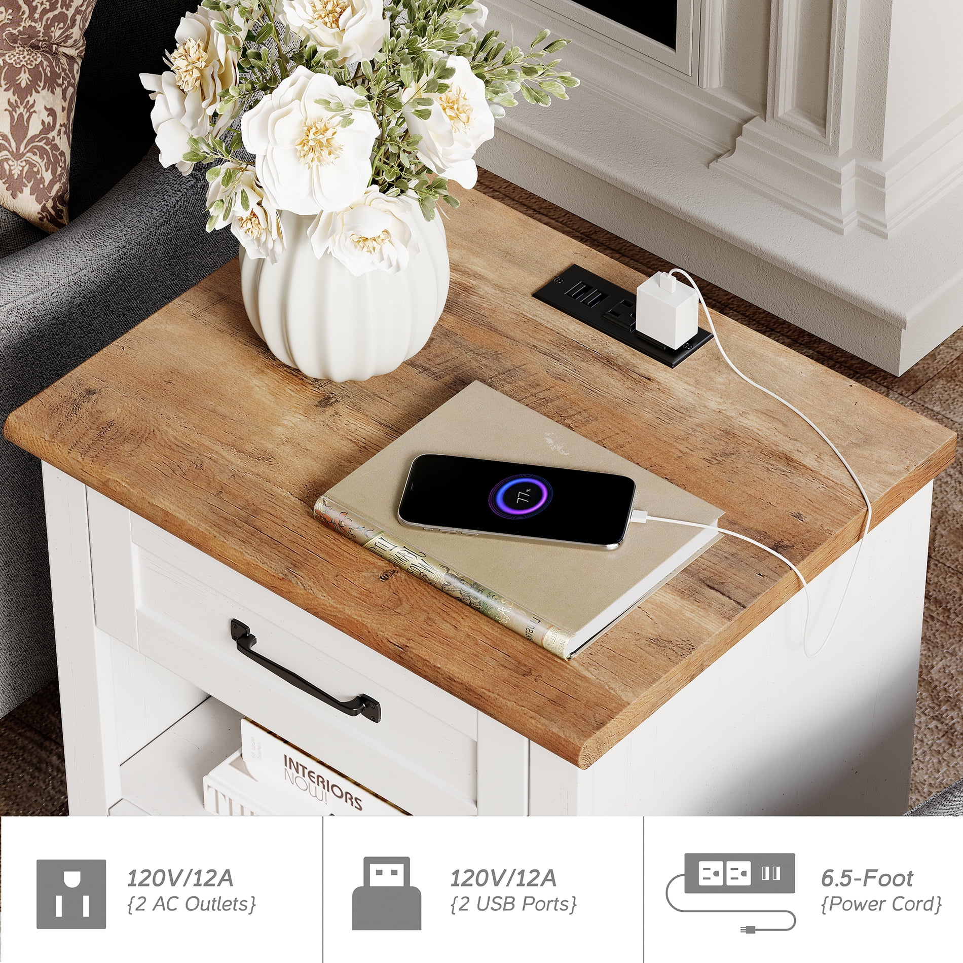 FITUEYES Modern Nightstand with 2 Drawers & Charging Station, White