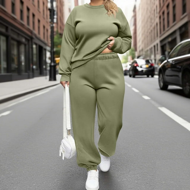UPPADA Ensemble Détente 2 Pcs pour Femmes Grande Taille Ensembles Détente 2 Pcs pour Femmes aux Formes Chandail à Col Rond Ample et Pantalon de Survêtement Ensemble Économies d'Automne Vert Armée, TTG