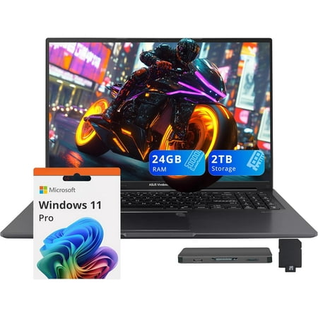 ASUS Vivobook 16" WUXGA Laptop, Intel Core i7-1355U, 24GB RAM, 2TB Storage(1TB SSD+1TB Docking Station Set), Intel Iris Xe Graphics, Backlit Keyboard, Num Pad, Fingerprint, Win 11 Pro, Black