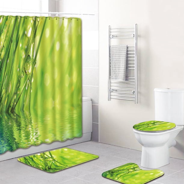 Juego de 4 cortinas de ducha con diseño artístico de gotas de agua, hojas y naturaleza, con alfombrillas antideslizantes, tapa de inodoro y alfombrilla de baño, juego de decoración para baño de 70 x
