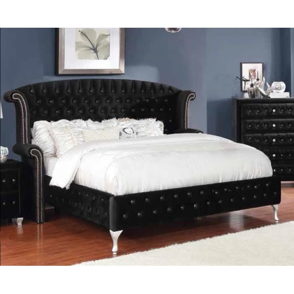 1pc California King Size Bed Contemporary Black Velvet Finish Bedroom Furniture