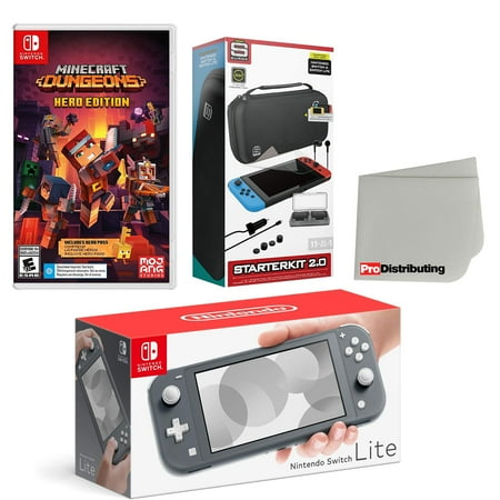 Nintendo Switch Lite Console Gray with Minecraft Dungeons Hero Edition, Accessory Starter Kit and Screen Cleaning Cloth Bundle