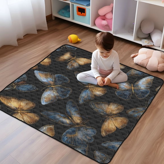 WOBOGO Brown Blue Butterfly Baby Playmats Extra Large Waterproof Rollable Activity Pads for Toddlers 50×50inch
