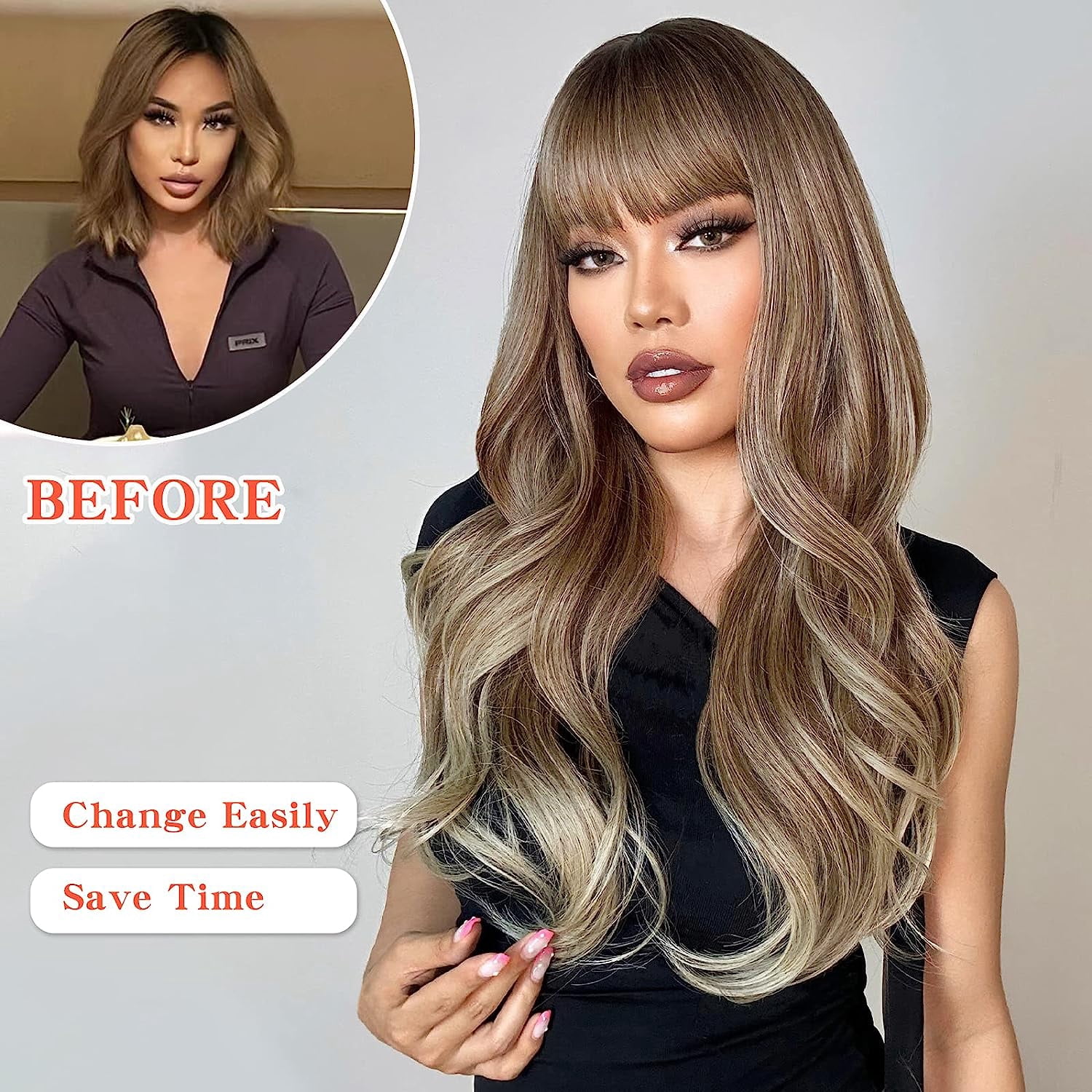 DOPI Red Wigs with Bangs, Wine Red Wigs for Women Long Wavy Wigs with Dark Roots Ombre Burgundy Wigs Natural Looking Synthetic Heat Resistant Fiber for Daily Party Use (26Inch)