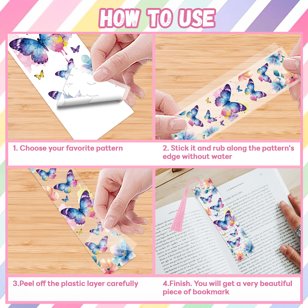 DIY Bookmark Making Kits including Kraft Paper Bookmark Display Cards Polyester Tassel Decorations Acrylic Bookmark Pendants and Stickers Butterfly