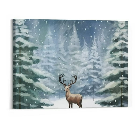 Creowell Oil Painting Print on Canvas Framed Wall Art Christmas Pine Tree Forest Reindeer Artwork Canvas Picture Prints for Bedroom Living Room Bathroom Decor Watercolor Winter Snowy Scene 20x16 Inch