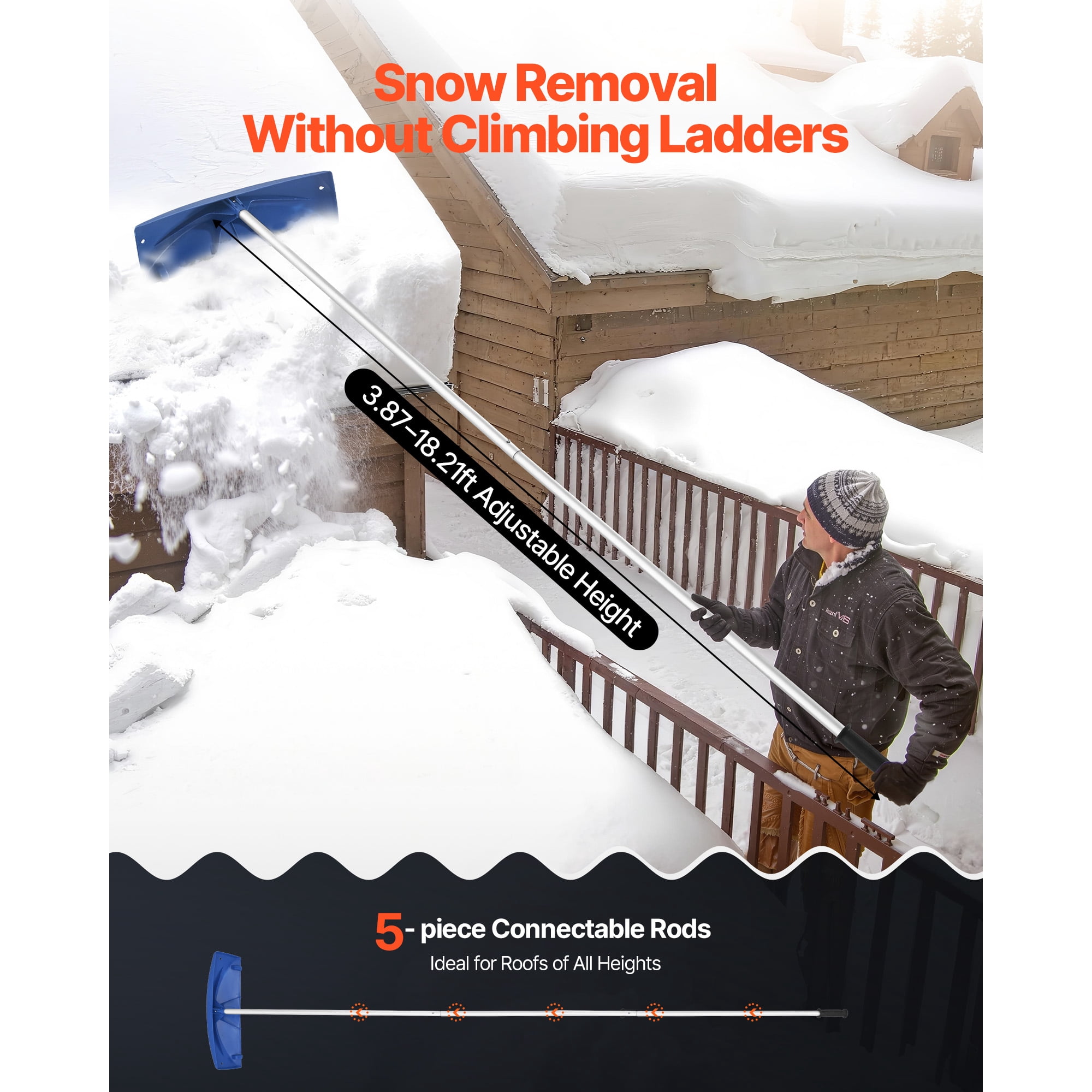 KFFKFF Adjustable Snow Roof Rake, 24-inch PP Blade, 3.8-18.2 ft Extendable Snow Scraper with Wheels, Anti-Slip Handle, Lightweight Tool for Clearing Roof Leaves and Debris