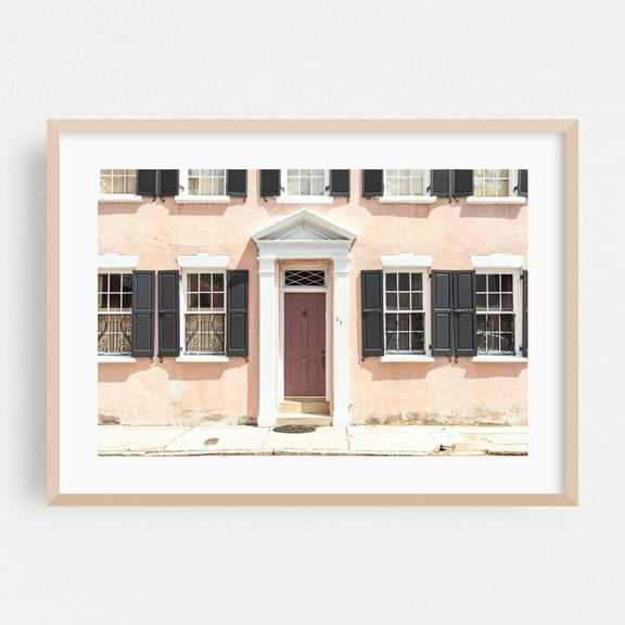 Home in Pink   Black - Charleston South Carolina Photography Architecture Pastel Vintage Cityscape Street Photography Oak Framed Wall Art Print 12 x 18 inches